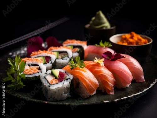 A delicious plate of colorful sushi rolls, featuring fresh fish and vegetables