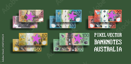Vector plastic pixel money set of Australia. Mosaic banknotes, denominations of 5, 10, 20, 50 and 100 Australian dollars. White isolated background.