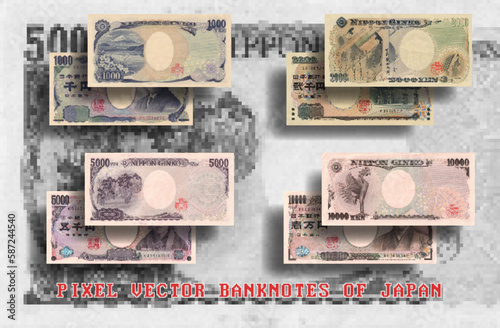 Vector set of pixelated mosaic banknotes of Japan. Denominations of bills are 1000, 2000, 5000 and 10000 yen. Obverse and reverse of Japanese money.