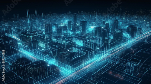 Smart City downtown with blue lines visualizing a big data network created with generative AI