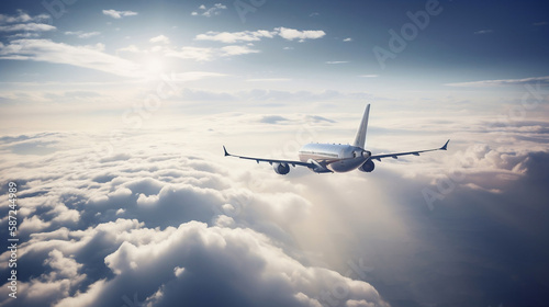 Above the clouds, looking straight ahead from a passenger airliner. Generative AI