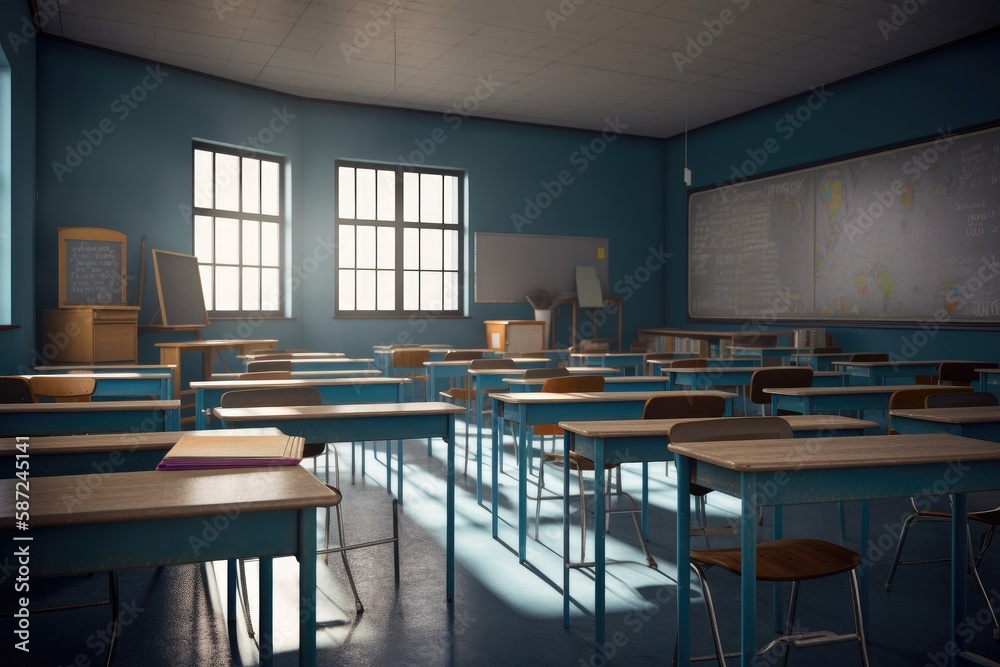 Empty modern classroom with white Interactive board 3d render Empty modern classroom with white Interactive board 3d render