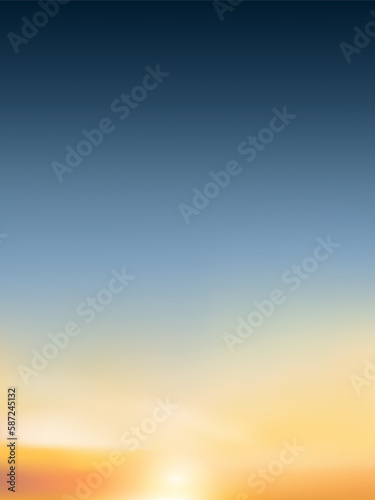 Sunset Sky with cloud in Blue,Orange,Yellow colour Background,Dramatic twilight landscape with Sunset in evening,Vector horizon Sunrise in Morning banner of Sunlight for four season backdrop banner