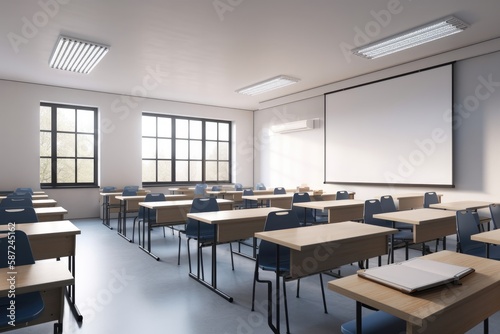 Empty modern classroom with white Interactive board 3d render