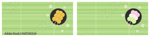Dango on a black round plate on a green bamboo mat with sakura flowers. Background with traditional Japanese sweets on a stick and place for text. Rice dumplings, spring dessert in Japan. Vector set