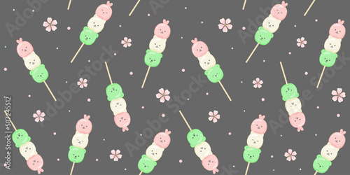 Kawaii Hanami dango in the form of cute animals on a gray background with sakura flowers. Endless texture with Japanese dessert characters on a stick. Vector seamless pattern for wrapping paper, print