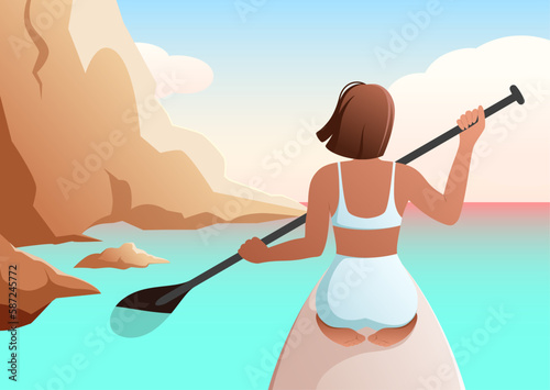 A beautiful woman is sitting on the SUP board. Water sports. SUP-surfer
