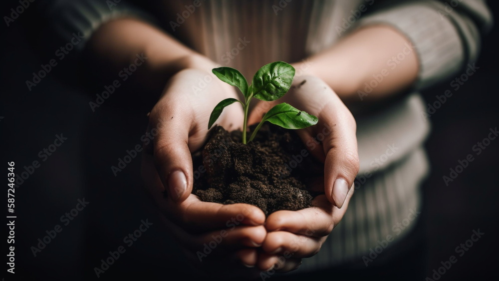 A woman holds a plant bud in her hand with soil for planting with Generative AI A woman holds a plant bud in her hand with soil for planting with Generative AI