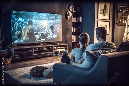 Authentic couple spending time at home, sitting on a couch and watching latest blockbuster on flat screen television set