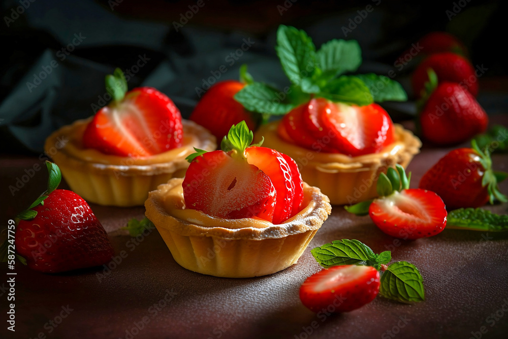 Strawberry tartlet pastries topped with fruits. Generative AI Strawberry tartlet pastries topped with fruits. Generative AI