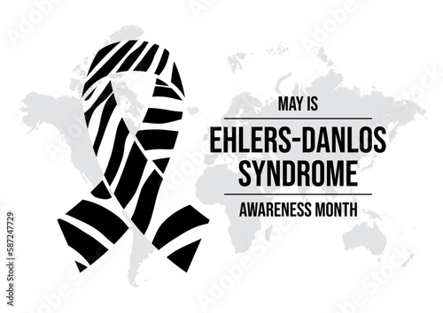 May is Ehlers-Danlos syndrome Awareness Month vector illustration. EDS black and white awareness ribbon icon. Zebra ribbon and world map vector on a white background. Important day photo