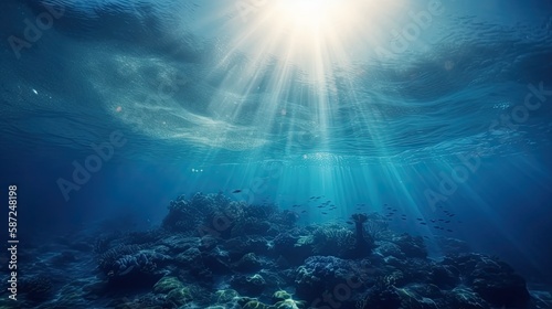 Blue sunlight illuminating underwater sea, creates stunning marine photography. Generative AI © Gelpi