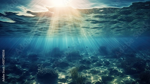 Blue sunlight illuminating underwater sea, creates stunning marine photography. Generative AI © Gelpi