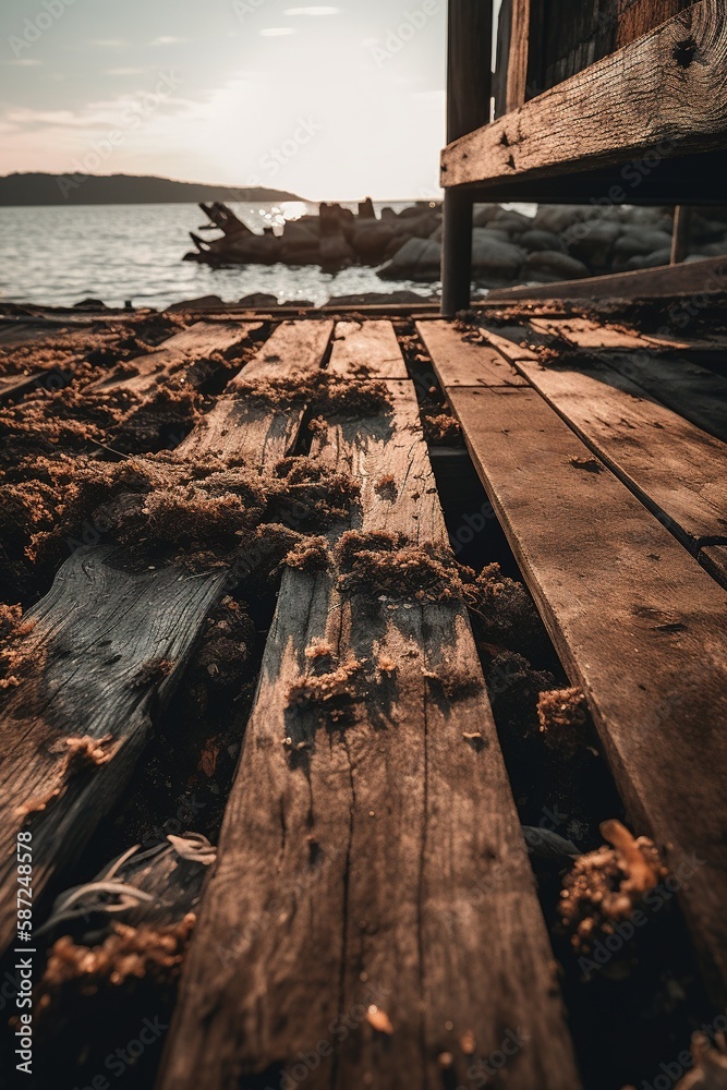 Naklejka premium Old wooden pier on the beach at sunset. Selective focus. Toned.Generative Ai