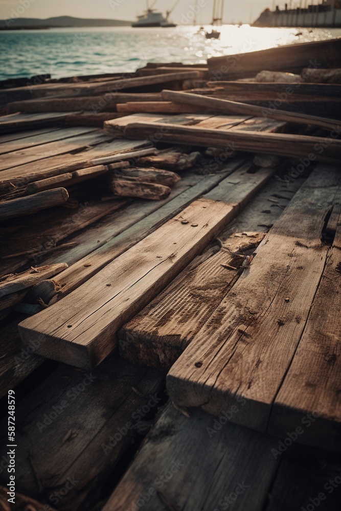 Obraz premium Old wooden pier on the beach at sunset. Selective focus. Toned.Generative Ai