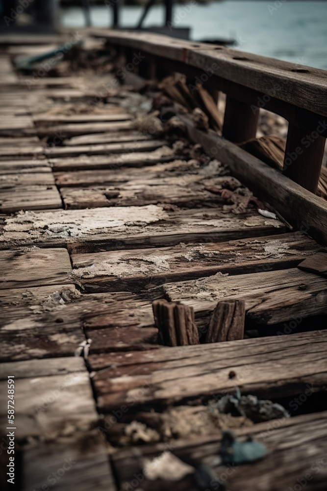 Obraz premium Old wooden pier on the beach at sunset. Selective focus. Toned.Generative Ai