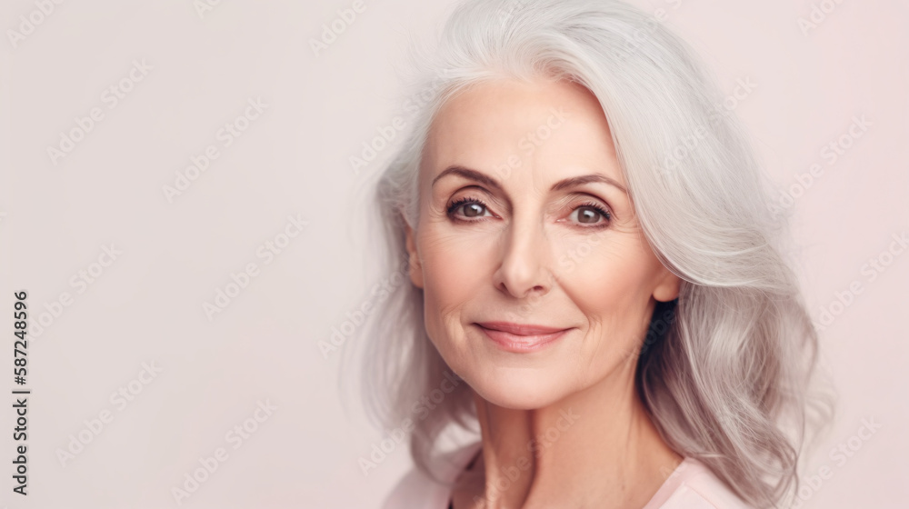 Naklejka premium Radiant Senior Woman: A Versatile Portrait for Cosmetics, Healthcare, and Financial Services Advertising. Isolated on pink background.