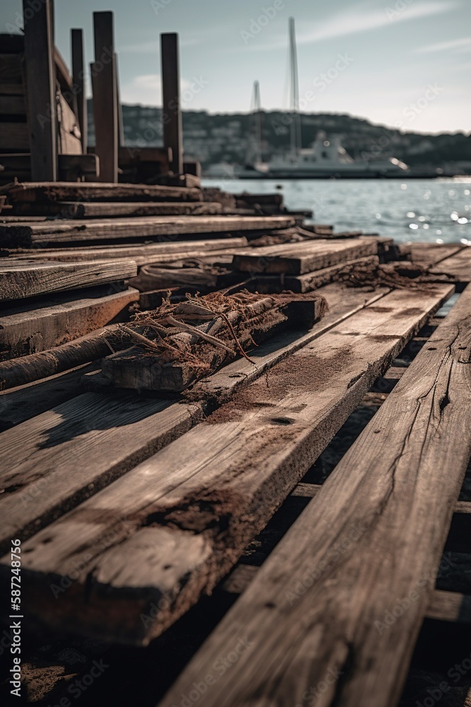 Fototapeta premium Old wooden pier on the beach at sunset. Selective focus. Toned.Generative Ai