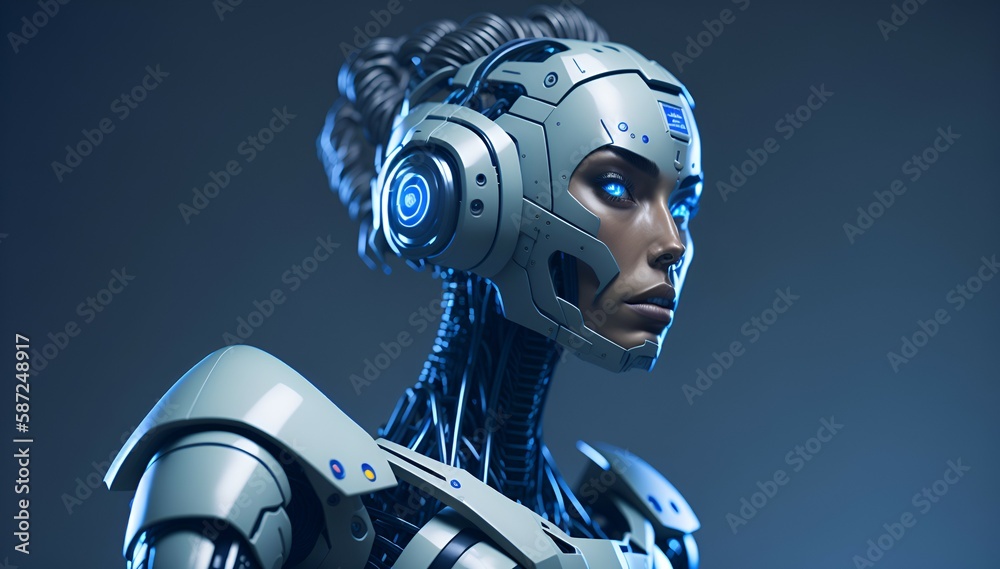 Cyborg Robot Girl with Blue Eyes - 3D Render Created With Generative Ai Cyborg Robot Girl with Blue Eyes - 3D Render Created With Generative Ai