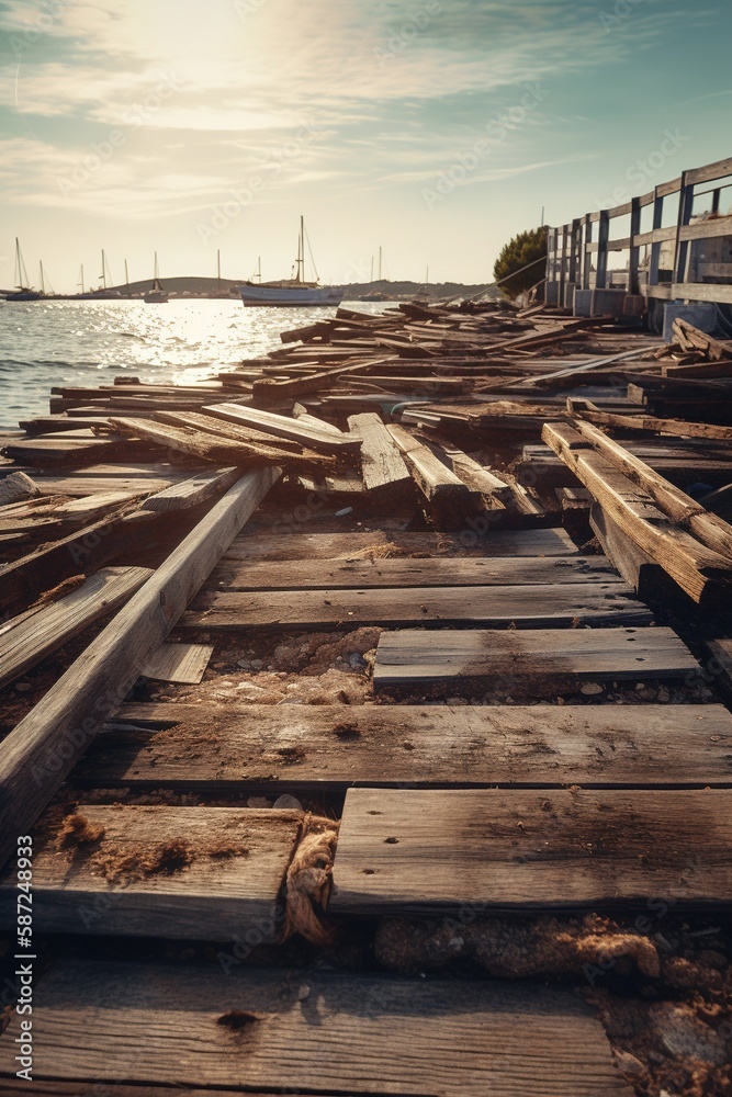 Naklejka premium Old wooden pier on the beach at sunset. Selective focus. Toned.Generative Ai