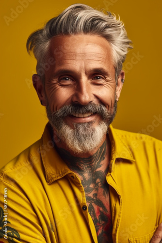 Happy stylish elderly tattooed man, smiling, cool haired hipster wearing yellow t-shirt standing arms crossed isolated on yellow wall - Ai generative