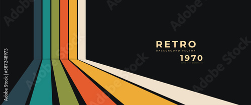 Abstract colorful 70s background vector. Vintage retro style wallpaper with lines, rainbow stripes, geometric shapes. 1970 color illustration design suitable for poster, banner, decorative, wall art.