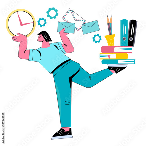 Productive skillful businessman efficiently handling different tasks. Productivity and management skills, multitasking and time management, flat vector illustration isolated on white background.