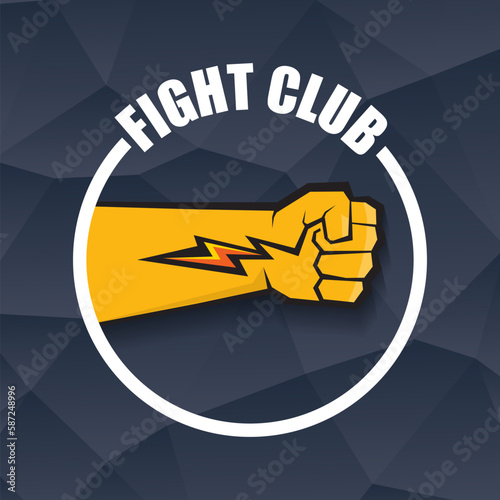 fight club vector logo with orange man fist isolated on crystal grey background. MMA Mixed martial arts concept design template. Fight club icon design template