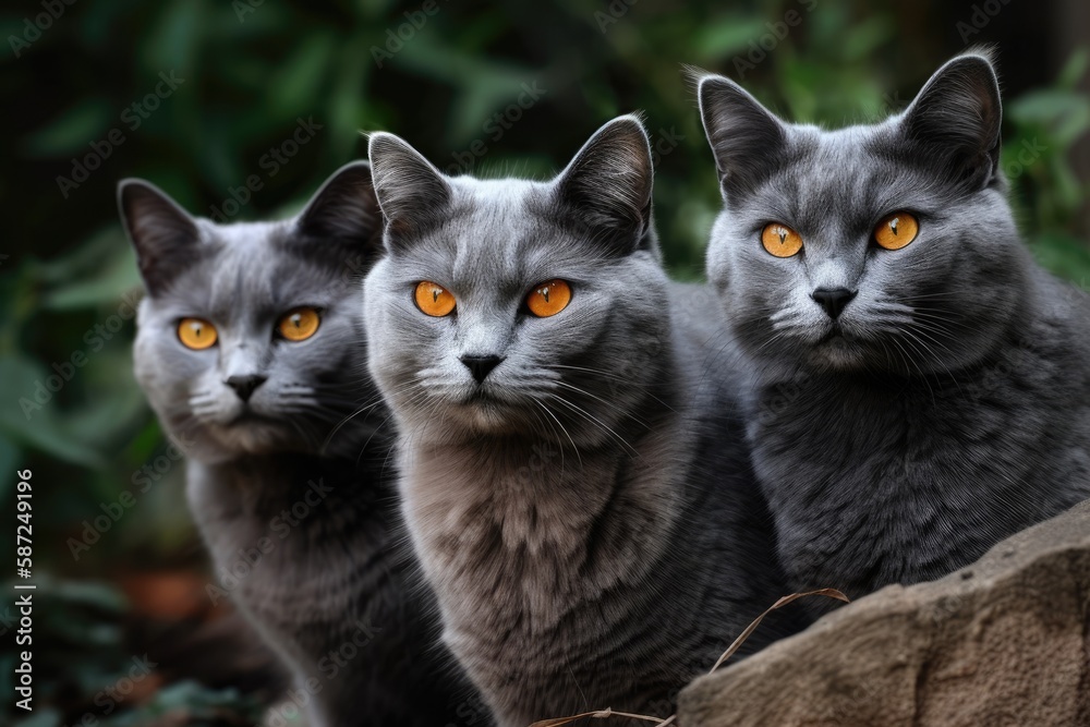 In the summer, there is an animal. Lovely grey kitty with yellow eyes. In the park, there's a cute tabby and a hairy cat. View from the top. Picture of three beautiful grey cats on a dark background w