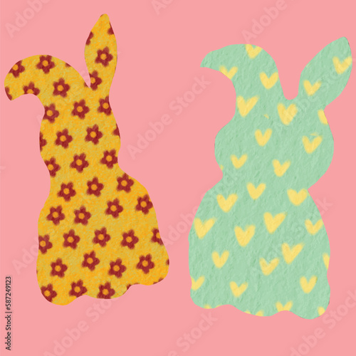 Easter bunny with bright red flowers and yellow hearts dancing vector