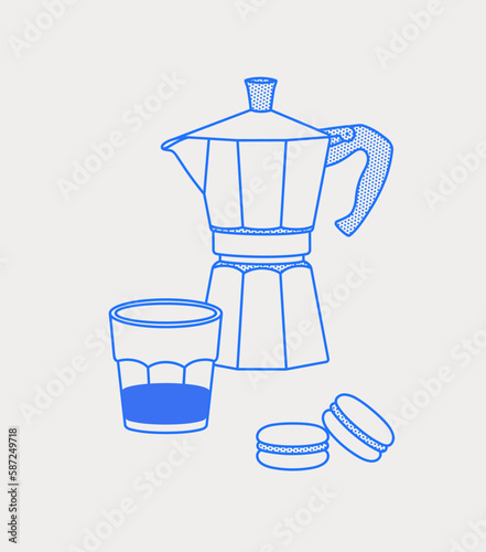 Moka pot, glass with coffee, and macaroons. Coffee time composition. Line art, retro. Vector illustration for coffee shops, cafes, and restaurants.