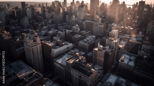 As the golden hour illuminates the urban landscape of New York, minimalist skyscrapers and rooftop views dominate the blue and grey-toned aerial scene, Created with generative Ai Technology. 