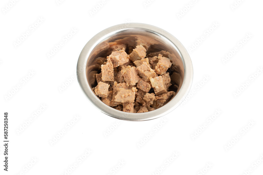 wet dog food in a dog bowl isolated on white background, pet feed, canned food for cats, feline feed wet dog food in a dog bowl isolated on white background, pet feed, canned food for cats, feline feed