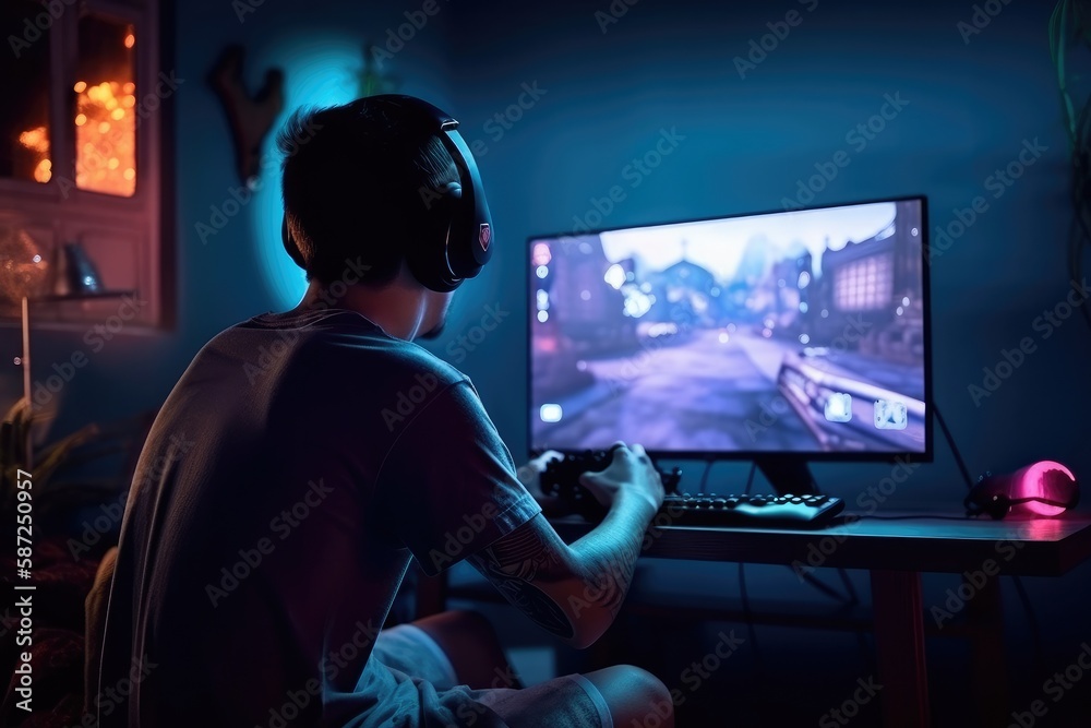 Back view shot of the professional gamer playing online video game on personal computer Back view shot of the professional gamer playing online video game on personal computer