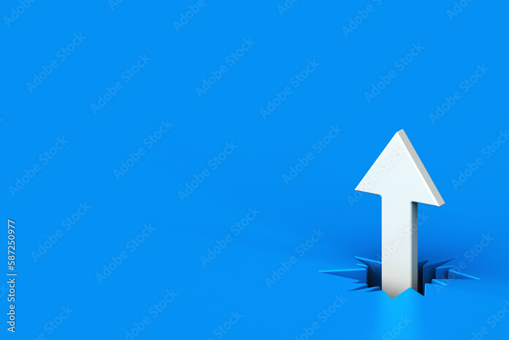 White arrow breaking through from blue floor, 3d white arrow out of broken ground, 3d rendering