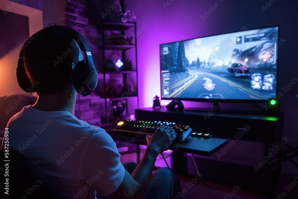 Back view shot of the professional gamer playing online video game on personal computer Back view shot of the professional gamer playing online video game on personal computer