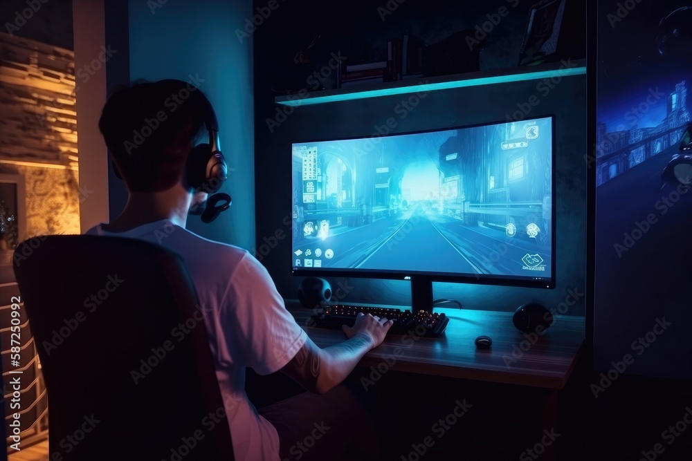 Back view shot of the professional gamer playing online video game on personal computer Back view shot of the professional gamer playing online video game on personal computer