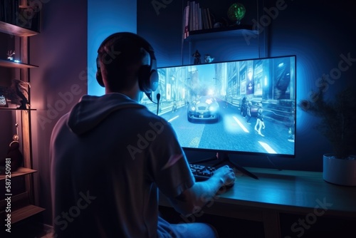 Back view shot of the professional gamer playing online video game on personal computer