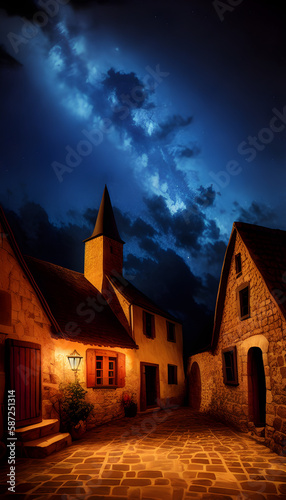 AI Digital Illustration Medieval Village With Cosmic Sky