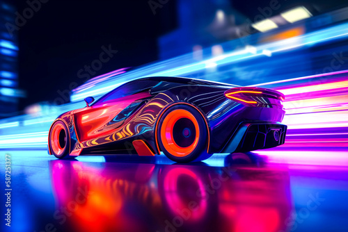 Futuristic sports neon 3d render car background. Blue and ultraviolet dream car in the city Ai generative illustration © Liravega