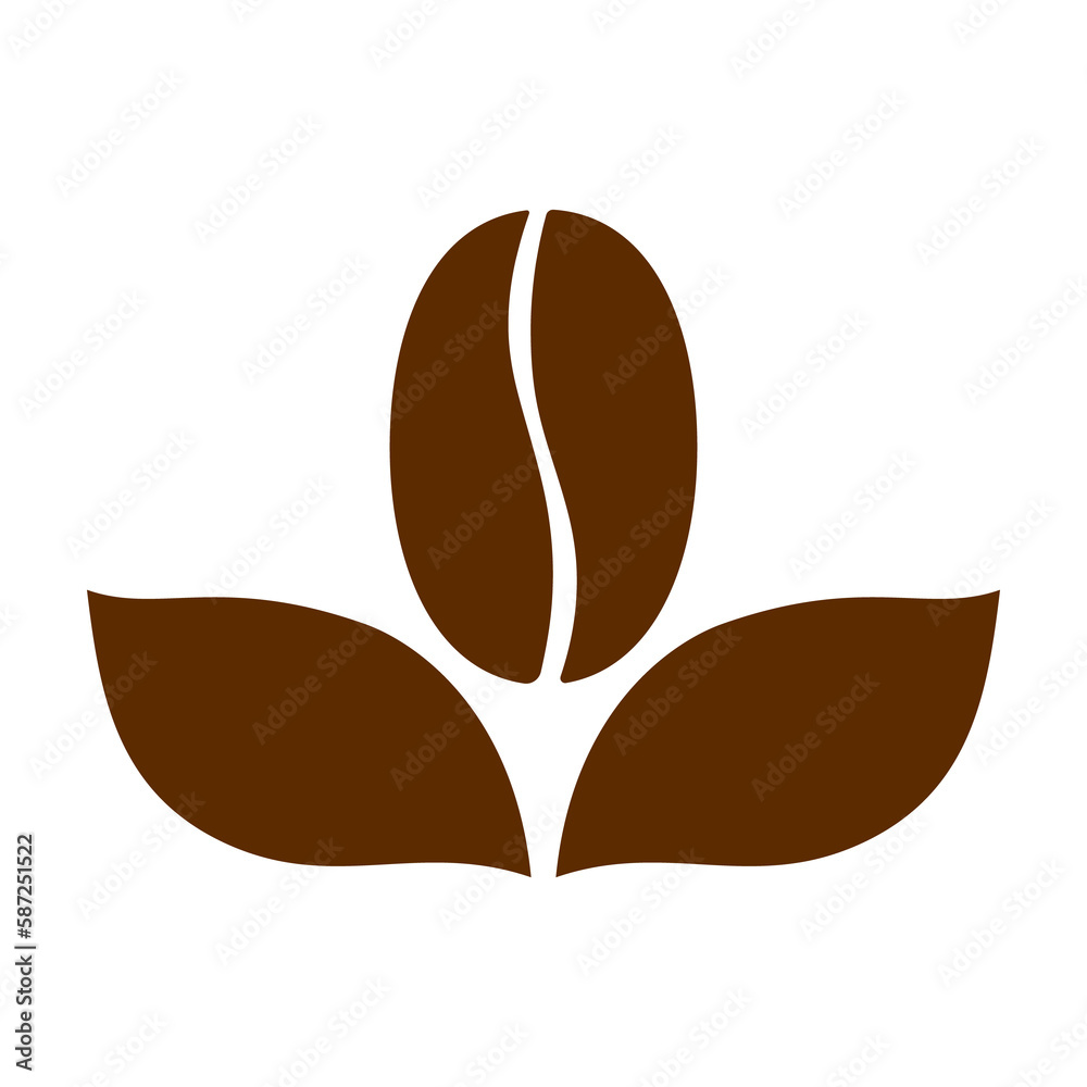 Obraz premium Coffee bean and a leafs brown icon. Roasted organic bean. Illustration on transparent background