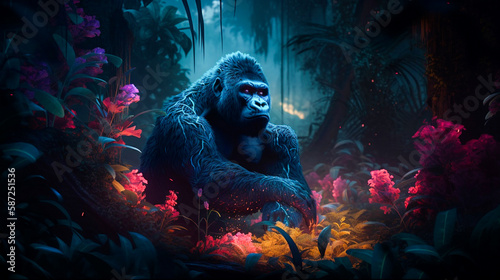 Gorilla in a mystical tropical forest with lush greenery and exotic flowers. Ai generated illustration of a primate amidst beautiful vegetation in a dark green landscape