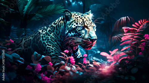 Jaguar close-up in a mystical tropical forest with lush greenery and exotic flowers. Ai generated illustration of a wild cat amidst beautiful vegetation in a dark green landscape