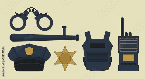 Set Collection Police Equipment. Handcuffs, Bulletproof vest, HT, Hat, Stick,
