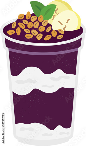 Açaí, acai brazilian superfood plastic in cup with oat, mint and banana topping. Colorful vector illustration, icon.