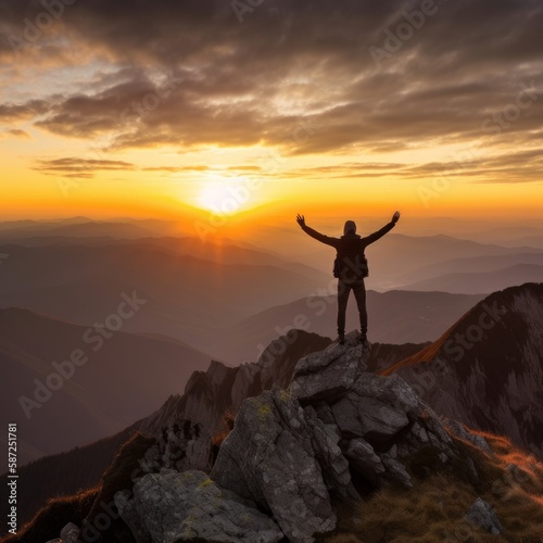 Excited happy hiker reached the mountain peak. Man spread hands to the sides enjoying the rocky landscape at sunset. Generative AI.