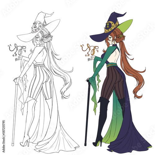 Anime manga full body witch holding cane