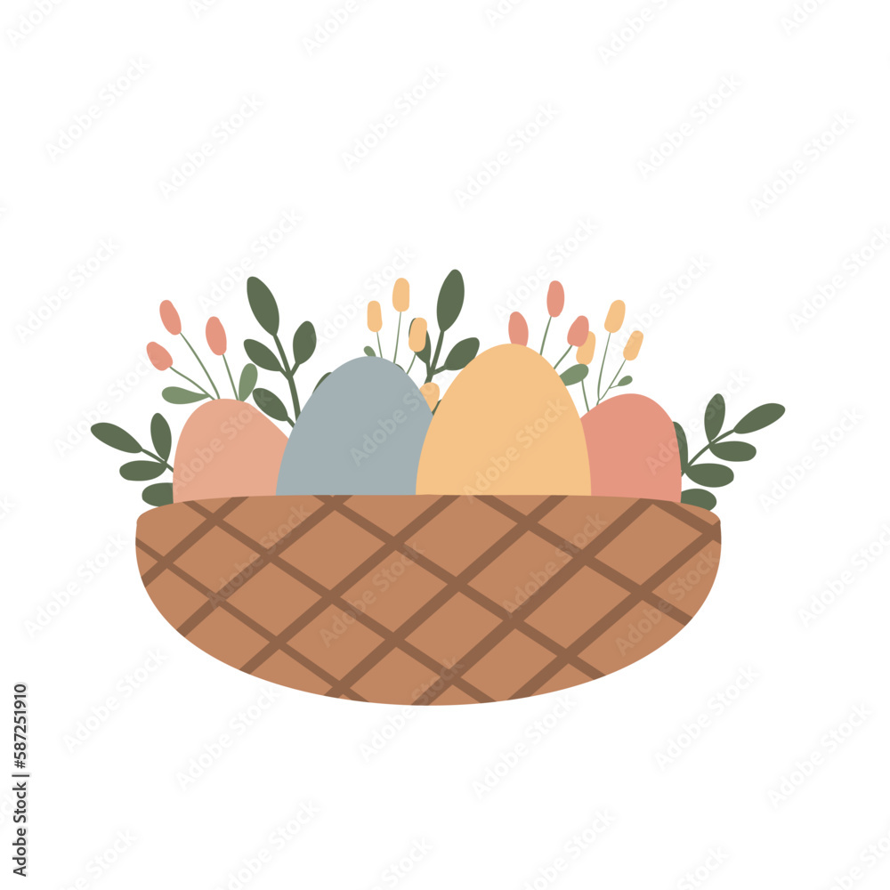 Fototapeta premium Happy Easter clipart set, Cute bunny rabbit illustration, Childrens egg hunts clip art, Individual elements, Spring vector images in flat cartoon style, Easter basket, chick, spring, flower.