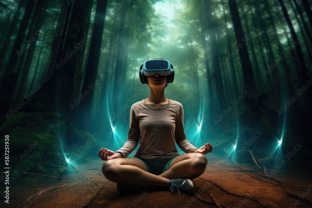 Young athletic woman wearing VR headset, practising yoga and meditation in futuristic Way. Her consciousness is transformed into beautiful and peaceful forest