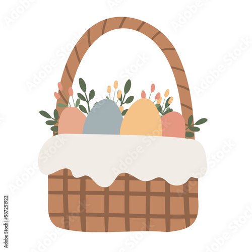 Happy Easter clipart set, Cute bunny rabbit illustration, Childrens egg hunts clip art, Individual elements, Spring vector images in flat cartoon style, Easter basket, chick, spring, flower.